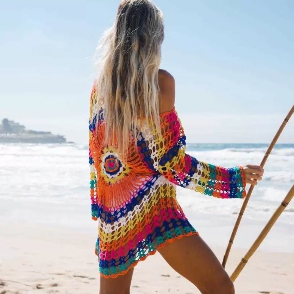 Boho Rainbow Colored Crochet Knit Hollow-Out Beach Coverup - Picture 6 of 16